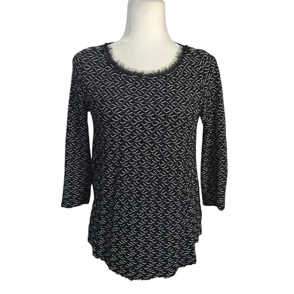 Anthropologie Postmark Black White Textured Eyelash Lace Trim Zip Back Top Small